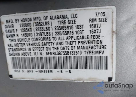 2005 Honda Odyssey Ex-L из США, поврежденный, VIN 5FNRL38755B132519